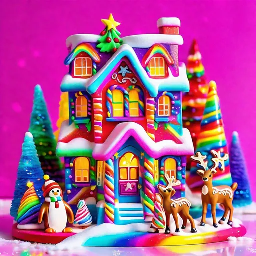 Prompt: Lisa Frank-style Christmas diorama, vibrant and colorful, rainbow and neon tones, whimsical holiday setting, snow-covered landscape, cheerful reindeer with glitter antlers, playful penguins in vibrant scarves, gingerbread house with rainbow icing, Christmas tree with neon lights, high quality, detailed, bright and cheerful, Lisa Frank style, whimsical, vibrant colors, neon tones, holiday decorations