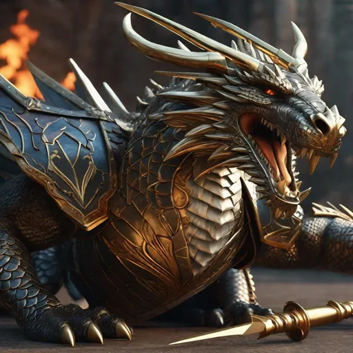 Prompt: Anthropomorphic elemental dragon/ armored lying wounded in battle with arrows sticking out of his torso  Hyper detailed, Hyper realistic, High definition, Ai Enhanced Resolution, AI Enhanced, Insane detail