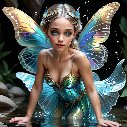 Prompt: Beautiful, gorgeous, perfect, iridescent Butterfly wings, Fairy representing Aquarius pouring water, 2d, vertical vector, sticker, detailed eyes, detailed hands, detailed feet, detailed body