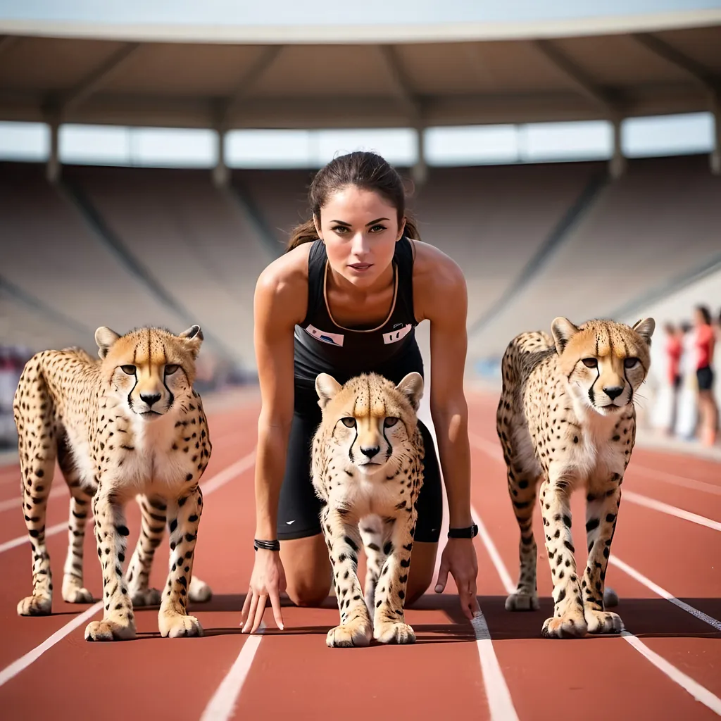 Prompt: a photo of a lady runner athlete at a starting line of a 100 m track, next to her are 2 cheetahs  also at the starting line ready to race along with this lady, all of them have their eyes looking forward to the finish line.The image should have some space where the field and the track with lines can be seen. 