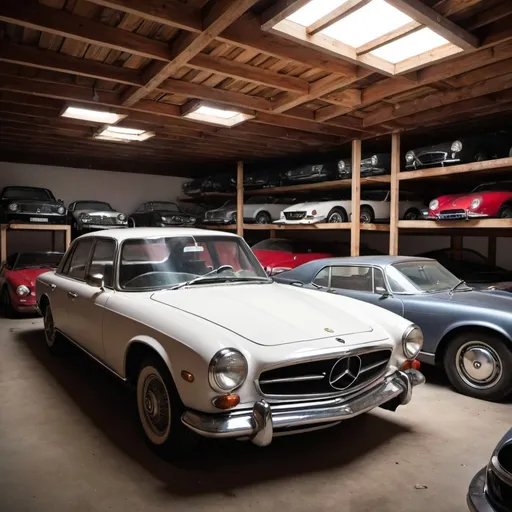 Prompt: A luxury car collection abandoned in garage