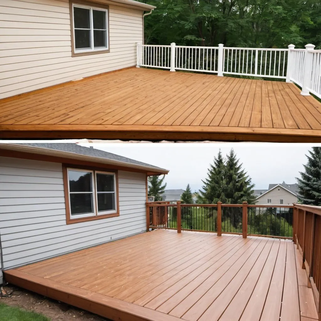 Prompt: image of a deck showing before and after of a deck renovation DIY project