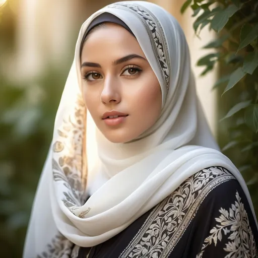 Prompt: A beautiful 25 years old lady wearing a white hijab and a long wide dark colored dress, detailed clothing, realistic, natural lighting