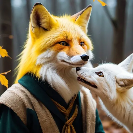 Prompt: A yellow fox meet a white fox and fall in locve