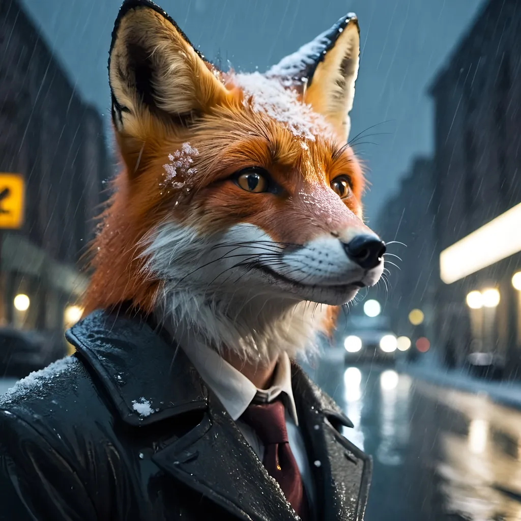 Prompt: fox human face in dark city with rain and snow