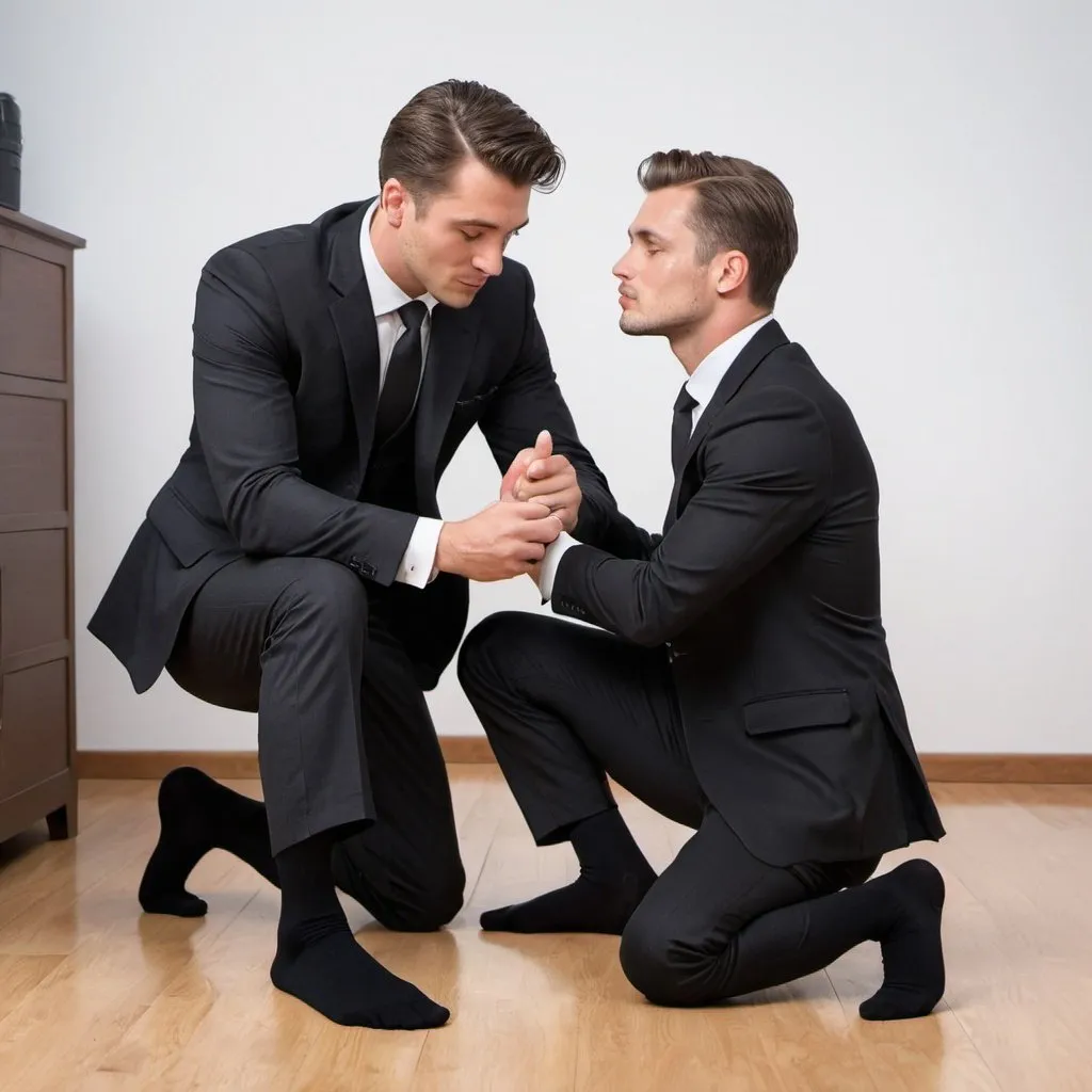 Prompt: handsome clean cut man in a suit   is having his black otc socks kissed by another good looking clean cut man who is wearing black otc socks and is kneeling on the floor