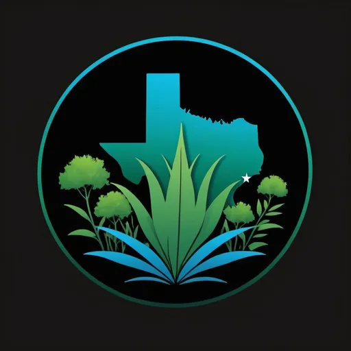 Prompt: A logo with a black background and  a garden landscaping in green and blue picture inside the state of texas silhouette
