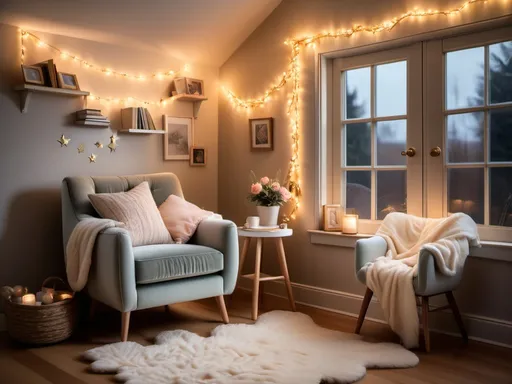 Prompt: A cozy reading nook with fairy lights, an open book and a steaming cup of coffee, rendered in soft lo-fi aesthetic with warm golden hour lighting.
