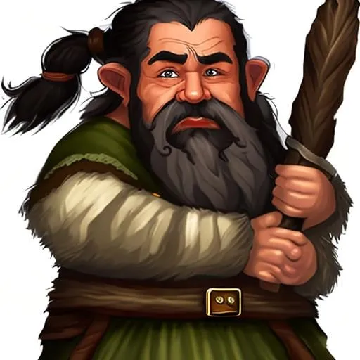 Prompt: Dwarf, druid, olive skin, brown eyes, black hair, in florest