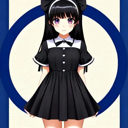 Prompt: cute anime girl, cute dress, black hair, large eyes, blue eyes, black skin, white dress, full body