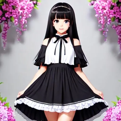 Prompt: cute anime girl, cute dress, black hair, large eyes, blue eyes, black skin, white dress