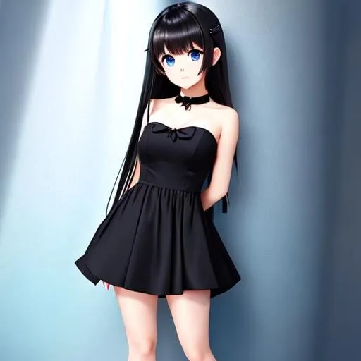 Prompt: cute anime girl, cute dress, black hair, large eyes, blue eyes, black skin, white dress