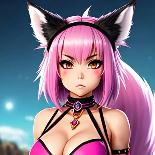 Prompt: petite, tribal women, Alt, angry expression, shaved, body paint, Entire body,  Full body visible, face visible, tail, Top of head in frame, fox girl,   cat ear headband on top of head, dyed pink hair, fantasy, torso and full head, fullbody, anime style