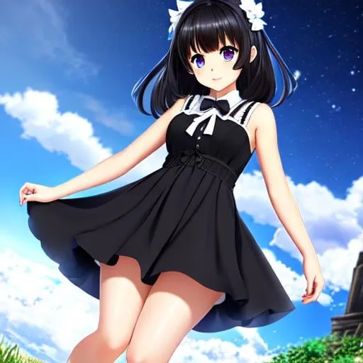 Prompt: cute anime girl, cute dress, black hair, large eyes, blue eyes, black skin, white dress, full body