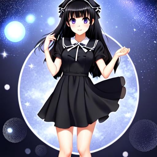 Prompt: cute anime girl, cute dress, black hair, large eyes, blue eyes, black skin, white dress, full body