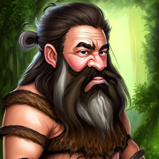 Prompt: Dwarf, druid, olive skin, brown eyes, black hair, background florest