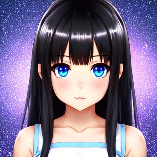 Prompt: cute anime girl, cute dress, black hair, large eyes, blue eyes, black skin, white dress