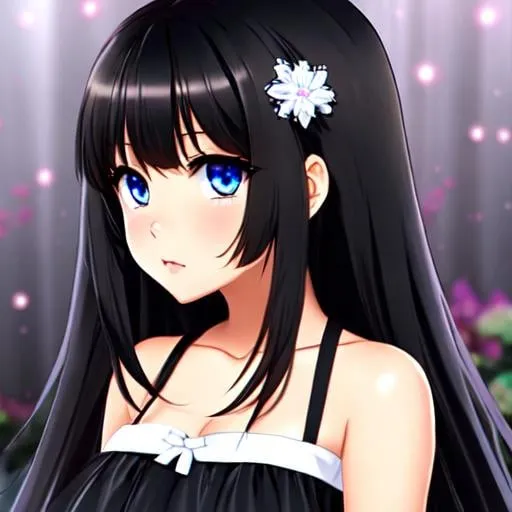 Prompt: cute anime girl, cute dress, black hair, large eyes, blue eyes, black skin, white dress