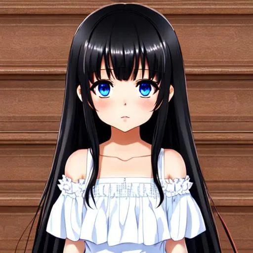 Prompt: cute anime girl, cute dress, black hair, large eyes, blue eyes, black skin, white dress