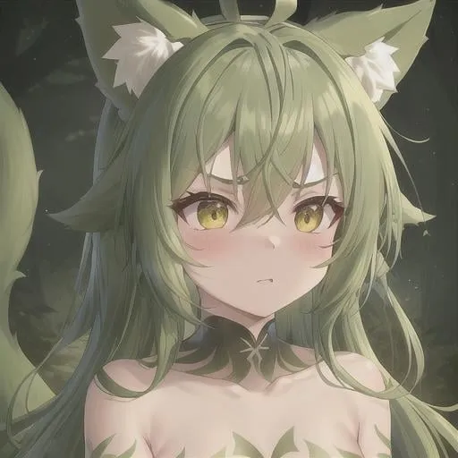 Prompt: tied up with vines, petite, Forest background, tribal women, Alt, angry expression, shaved, body paint, Entire body,  Full body visible, face visible, Looking down, tail, Top of head in frame, Dog ears, fox girl, Catgirls,  cat ear headband on top of head, green hair, green fur, dyed green hair, fantasy, cat ears, hair color vibrant green, torso and full head, fullbody