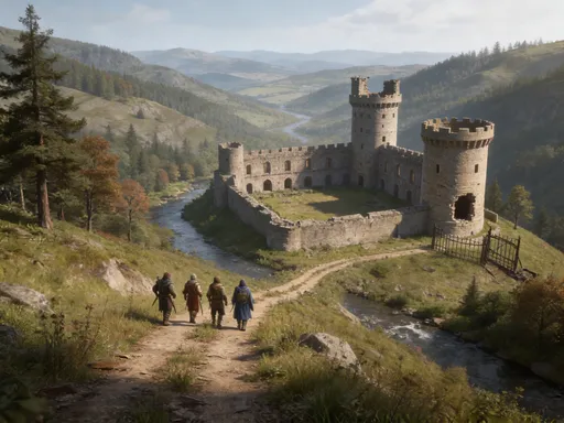 Prompt: 3d image for a fantasy role playing game image of 4 adventurers, Thief Cleric, Ranger, Mage. They are on a weed covered abandoned dirt road that has crested a large hillside. Looking down into the valley. The valley is 60 km wide East to west and the crest is 600m above the valley floor. The valley floor has a stream running through it, east(right) to west(left). Where the road crosses the river at a shallow crossing, a dilapidated castle sits. The castle has 4 walls with an inner court yard that is 150m x 200m inner dimension. At the Northwest corner is one  4-storey circular tower missing its top and at the South East is a circular 4 storey tower in excellent condition. There is a large hole in the south wall and the iron gate is down on the west side. The castle is on the north side of the river. The castle has been abandoned for 50 years. The forest on the hillsides is mixed evergreen and hard word trees. 