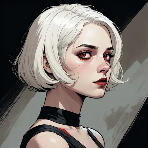 Prompt: Profile illustration of a pale girl with red eyes and white hair, short haircut, black dress, detailed, dramatic, dark colors, 2D shaded retro comic book, graphic novel illustration, highres, detailed eyes, dramatic lighting, professional, retro style, graphic, pale skin, intense gaze