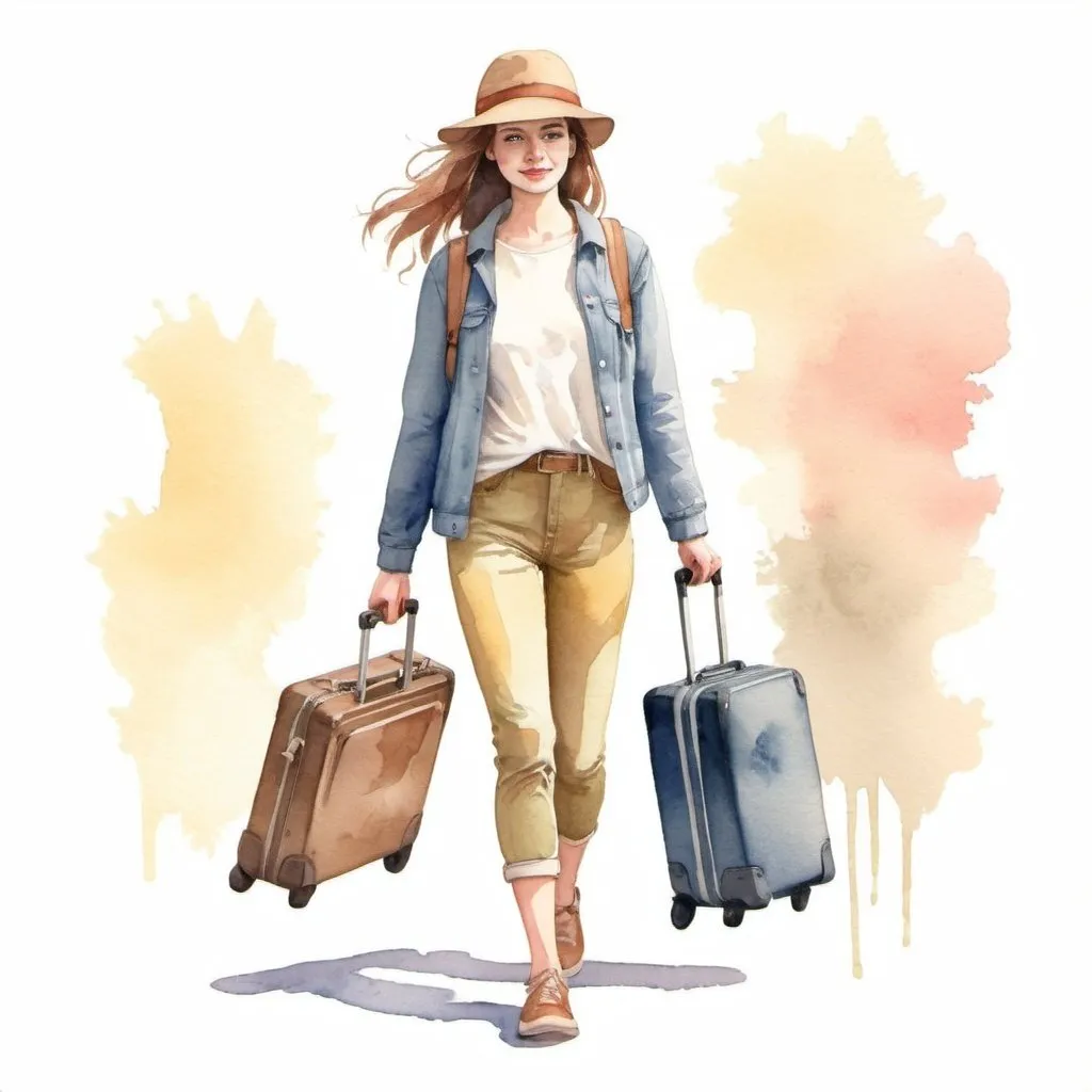 Prompt: watercolour style illustration of a Young woman wearing casual outfit walking with suitcase