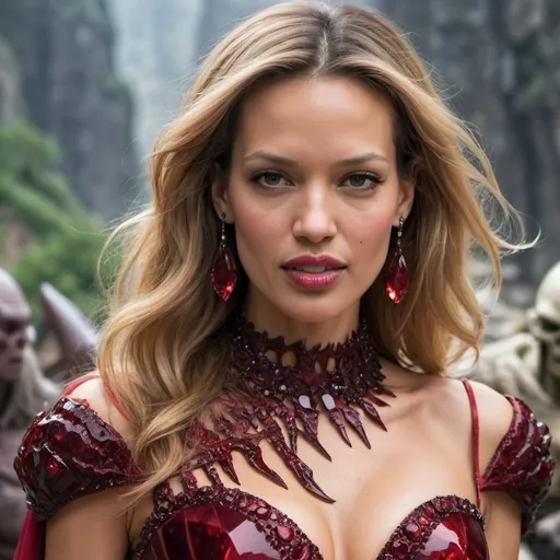 Prompt: Petra Nemcova ,dark hair, queen of blood,in more ripped  red crystal dress, tempting   a  goblin ,fantasy  kingdom scene,close-up


