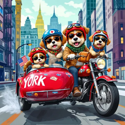 Prompt: cute dog family traveling to new york by motorcycle