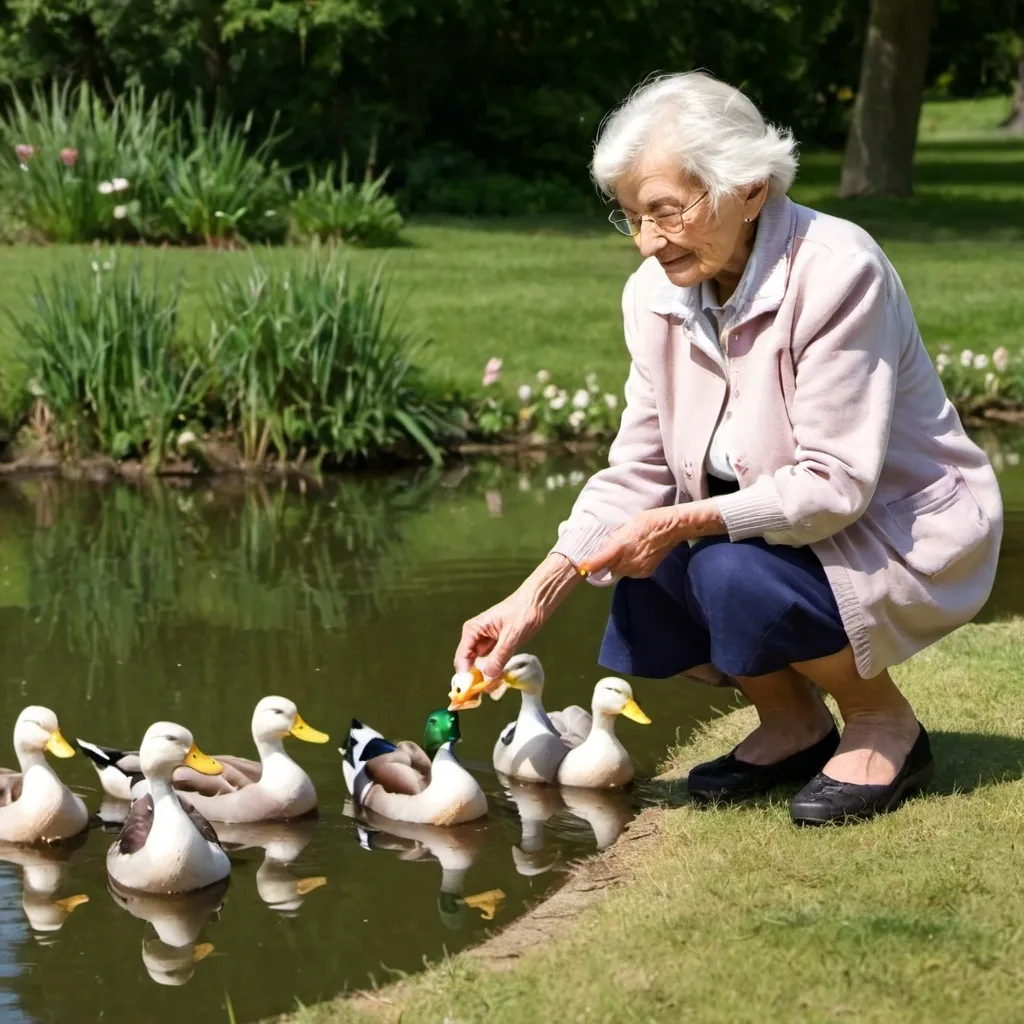 Prompt: elderly lady feeding ducks at a pond 