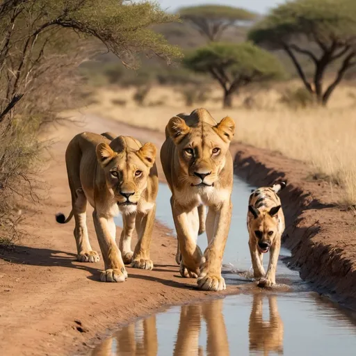 Prompt: a lioness walking with her two cups, towards a water stream, where they encounter with a wild dog
