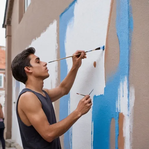 Prompt: young man, busy with a painting on a building wall