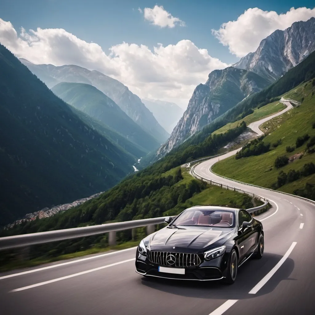 Prompt: luxury car driving in mountains