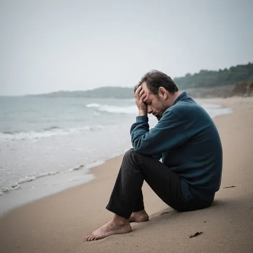 Prompt: a very sad man sitting on the beach, thinking of all the things he lost, and loved ones
