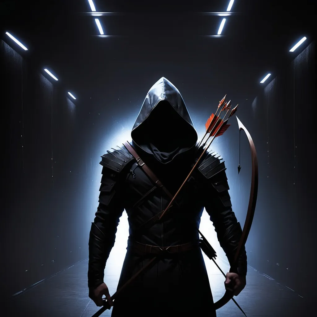 Prompt: A guy in a dark space holding an arrow