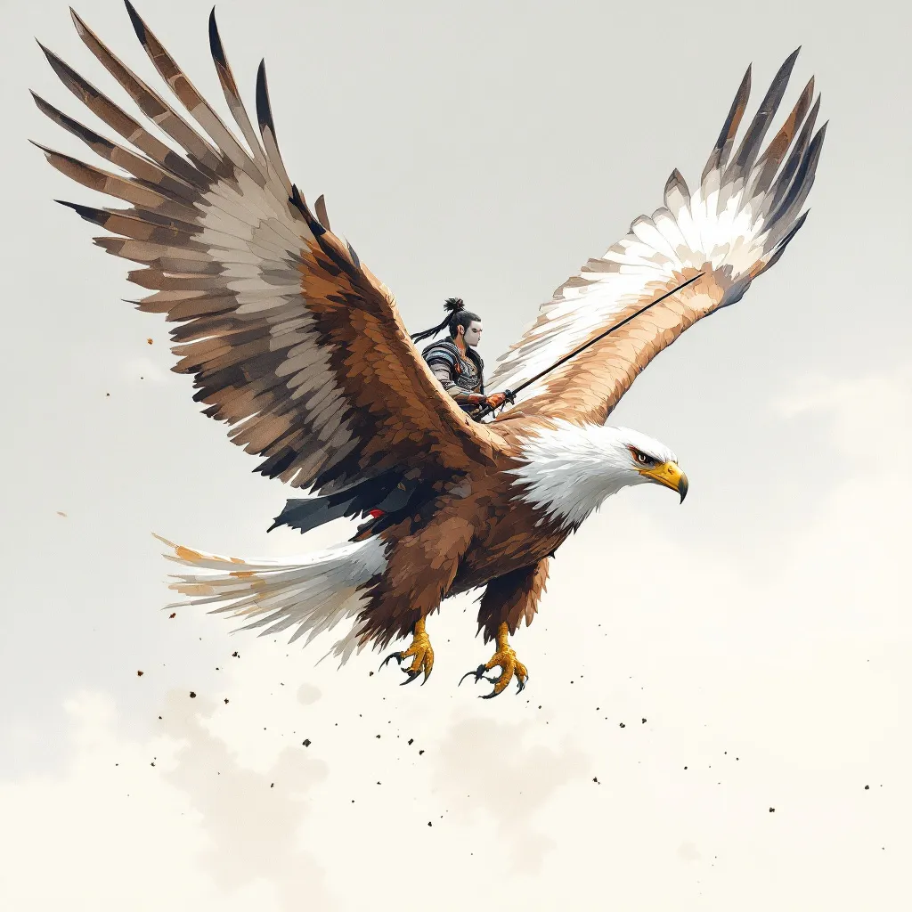 Prompt: Samurai riding a great eagle in water color style medium detailed. Having a cation eadles fly solo. Also have a white  Japanese style. Make the. Eagle more like a wedge tail eagle. Put eagle in an attacking flight with talons reaching the ground. Turn the image 110 degrees to the left. Have the rider with a white European skin colore and face features. 