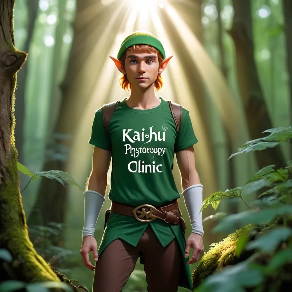 Prompt: Elf ranger in a mystical forest around sunlight Wearing a t-shirt that says Kajhu Physiotherapy Clinic 