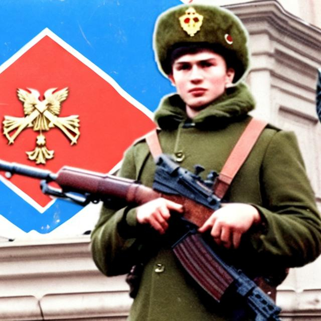 Prompt: proud young Russian man wearing Russian hat and holding the KGB emblem as a shield and pointing a sniper rifle