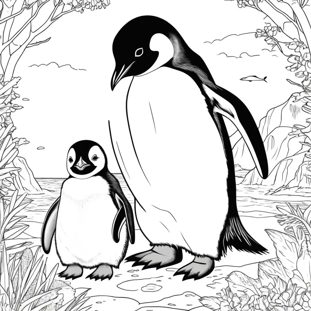 Prompt: B&W coloring book page with penguins 