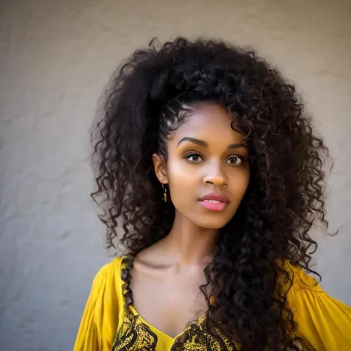 Prompt: a woman in a yellow dress posing for a picture, long wild black curly hair, long black curly hair, black long curly hair, elaborate long black hairstyle, gorgeous woman, gorgeous beautiful woman, long black hair in a ponytail, long black ponytail, young black woman, long black braided hair, jaw-dropping beauty, long curly black hair, curly middle part haircut