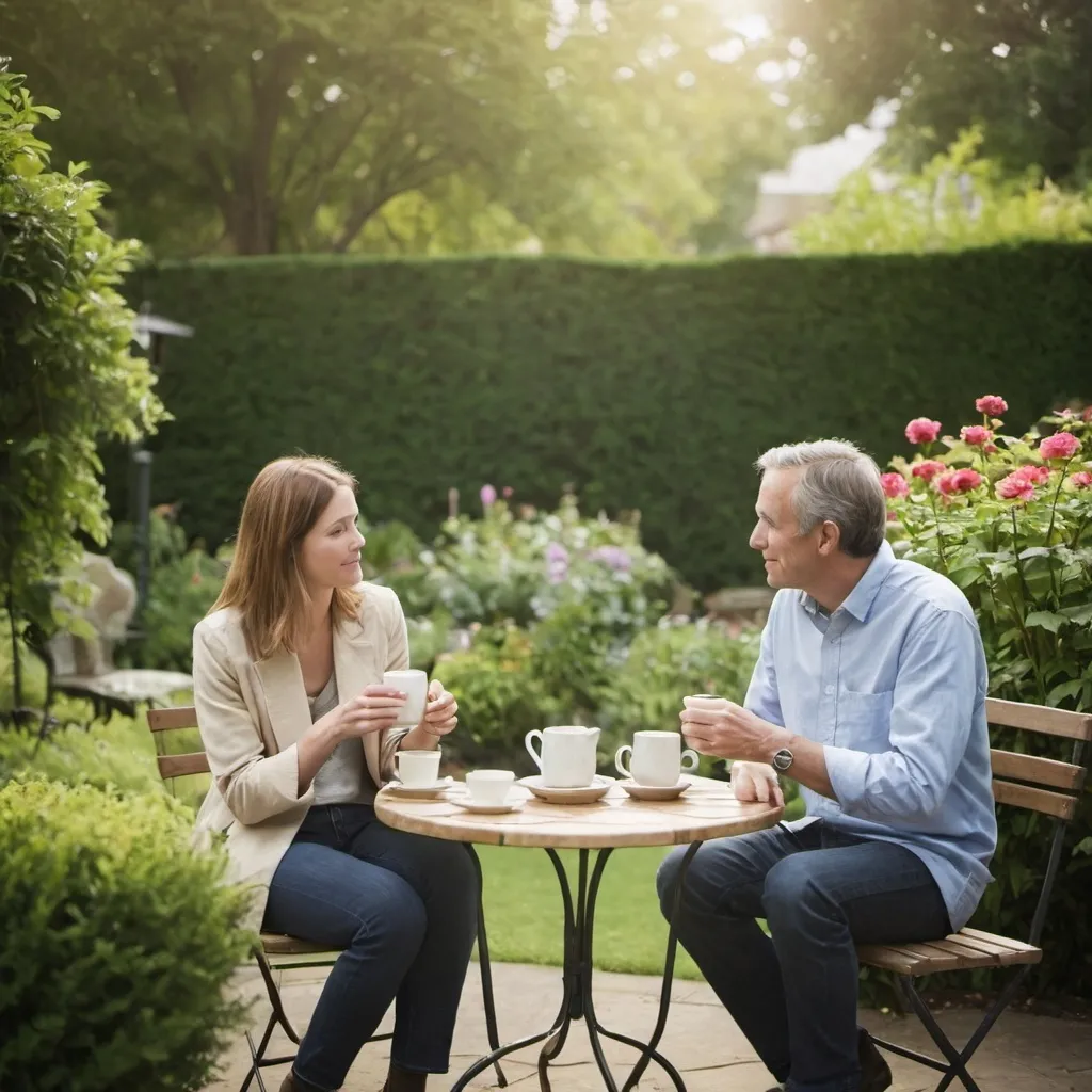 Prompt: A peaceful outdoor scene of two people talking over coffee in a garden setting. Keywords: peaceful, informal, outdoor. Camera: DSLR. Lens: 35mm f/1.8. Processing: soft focus.