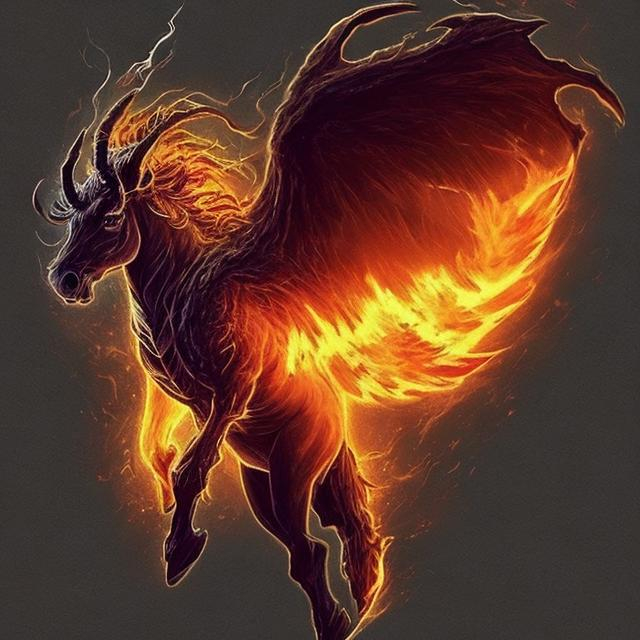 Prompt: I want a photo in size 693 x 596 that a horse is on fire and the rider is a dark demon with two wings on his back and two horns on his head and fire coming out of the demon's eyes and I want my design in pixel desine