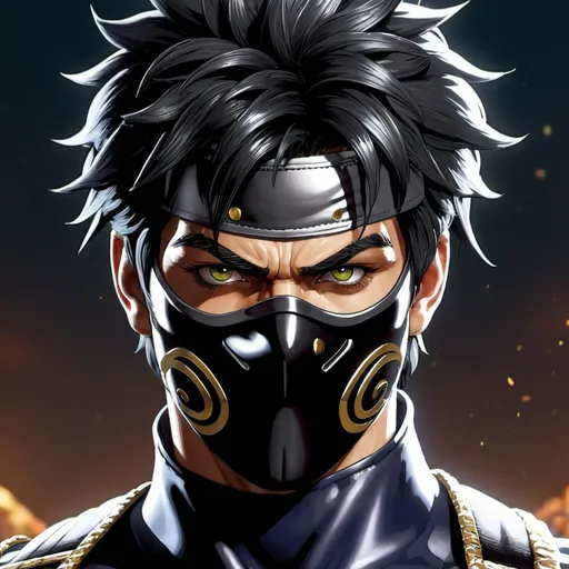 Prompt: a man with a black messy hair and a metallic black mask that cover his entire face but the eyes like vega from street fighter