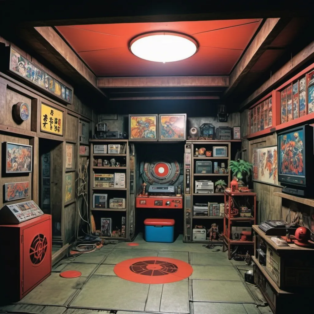 Prompt: 90's Japanese super hero underground secret lair.