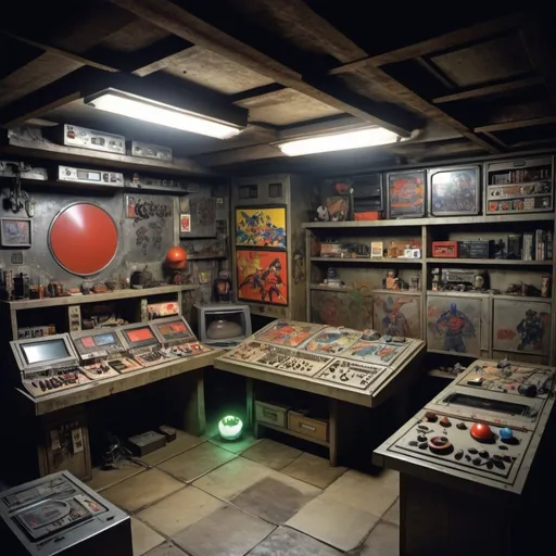 Prompt: 90's Japanese super hero underground secret lair.