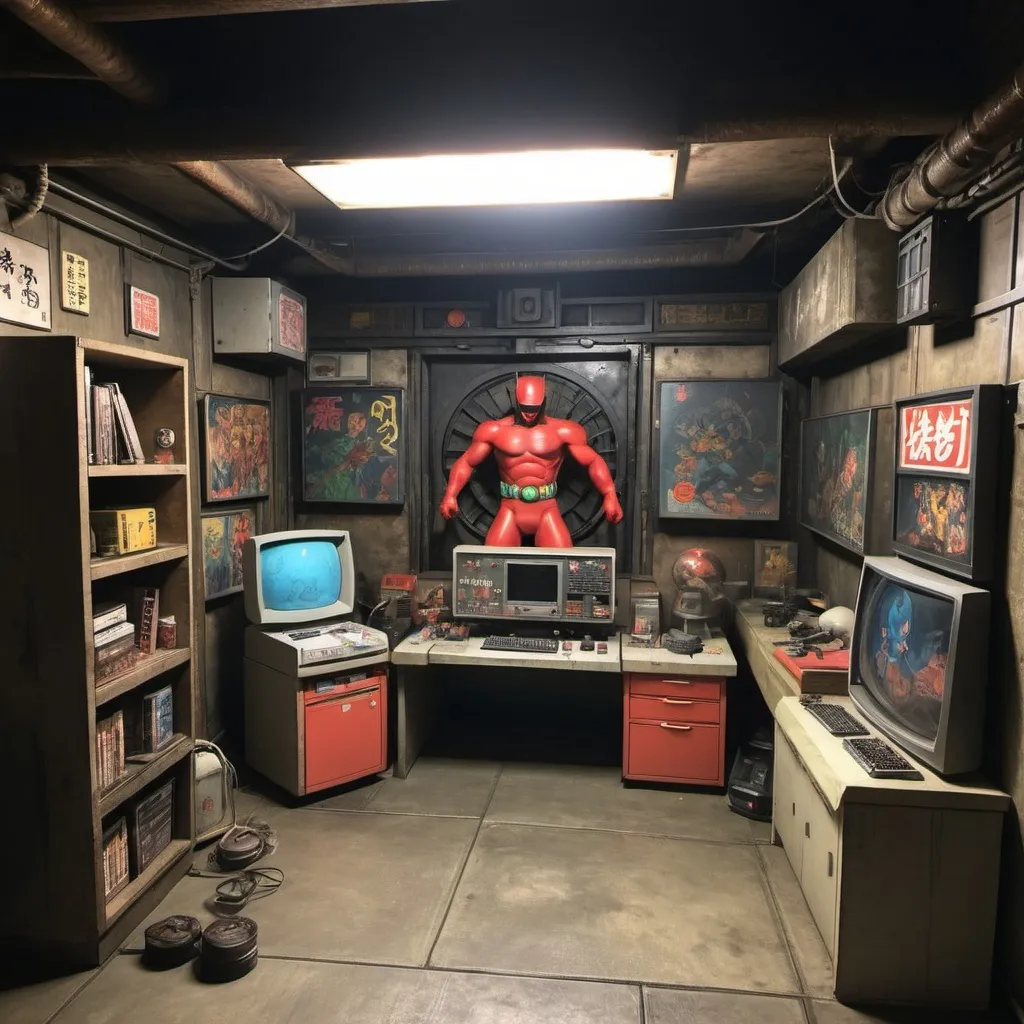 Prompt: 90's Japanese super hero underground secret lair.