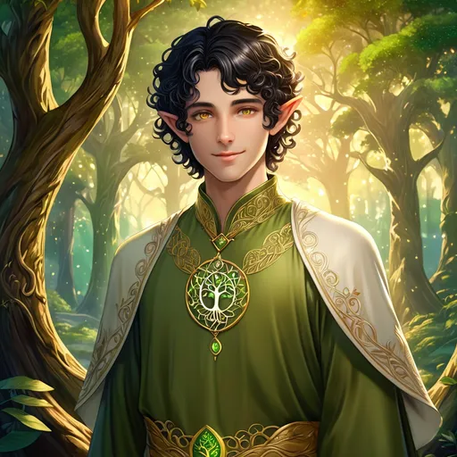 Prompt: ( young male elf cleric), smiling softly,short curly black hair, striking golden eyes,clean shaved, wearing a flowing green tunic adorned with intricate siver and gold embroidery,and a white parament, featuring a delicate tree of life pendant, vibrant colors, warm ambiance, enchanting forest background, ethereal lighting, showcasing high detail and depth, 4K resolution, fantasy theme, magical atmosphere.