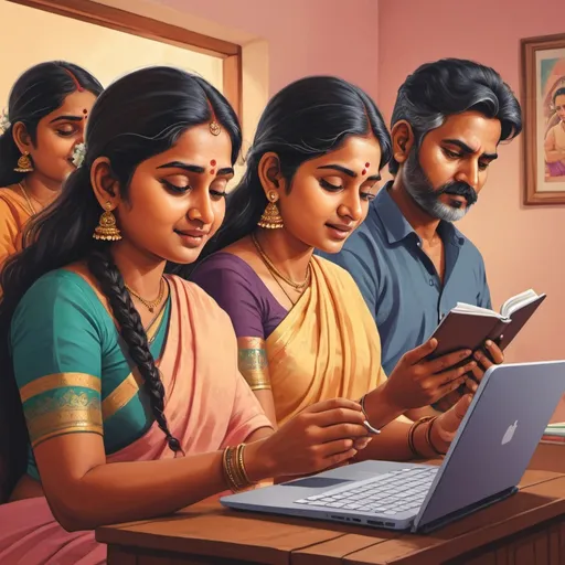 Prompt: Telugu adults reading stories on a website, Mayukha appearing on the computer screen, pastel colors, high quality, digital illustration, detailed facial expressions, cozy atmosphere, warm lighting, cultural representation, modern, pastel tones, detailed characters, professional artwork