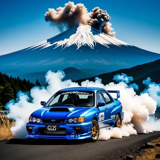Prompt: Subaru Impreza GC8 with smoke from engine bay japanese theme logo mt fuji