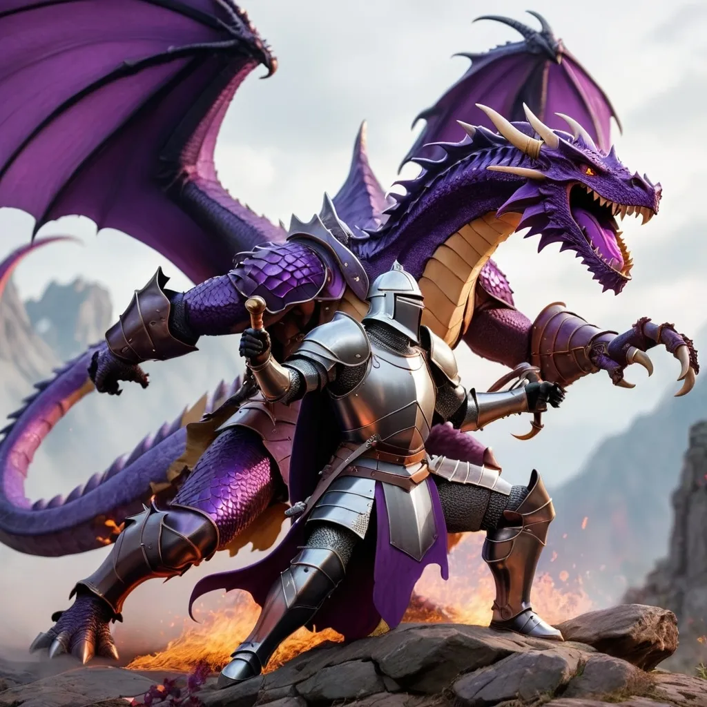 Prompt: Valilant knight in armor fighting a fierce purple dragon 